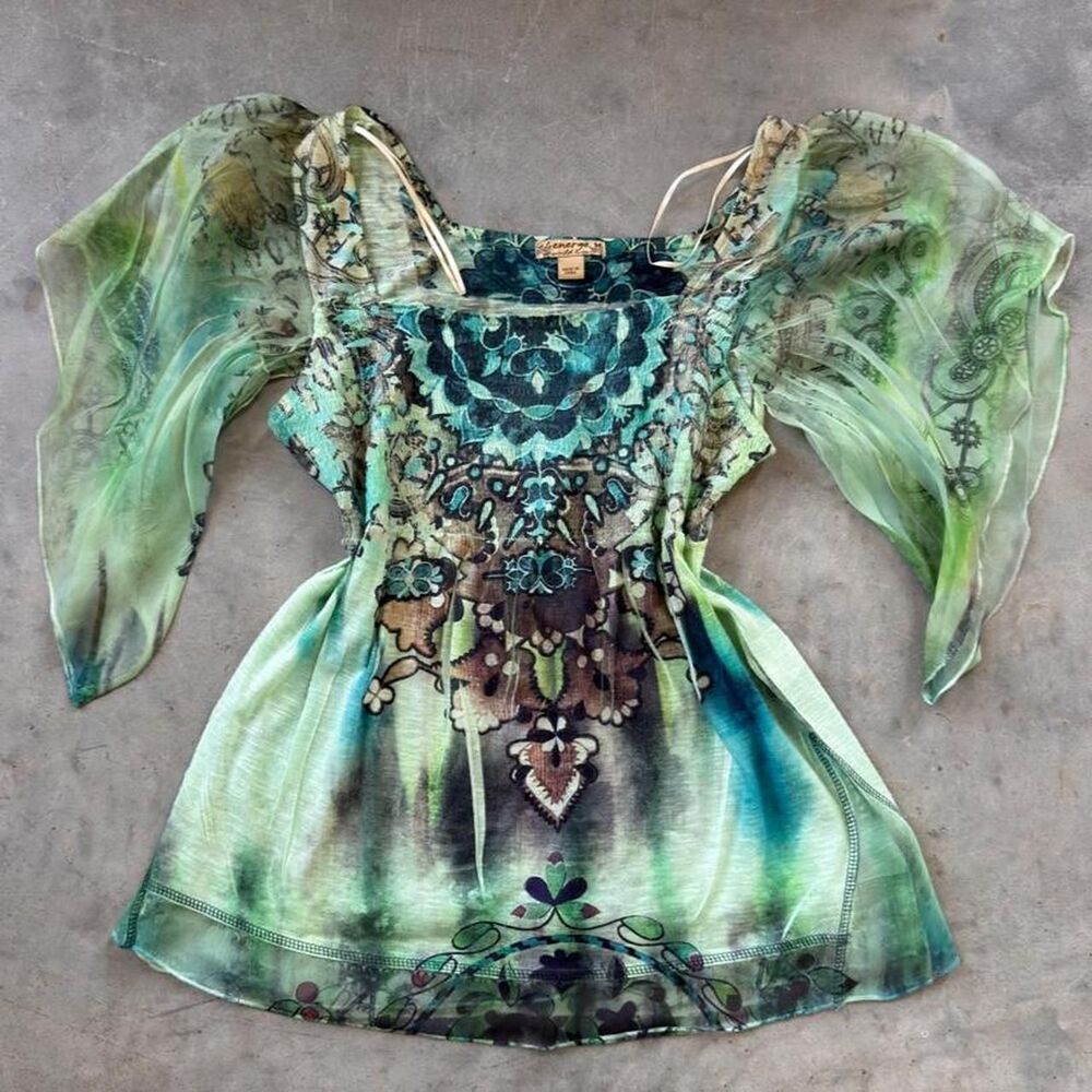Y2K energe whimsy green and blue fairy core wide-sleeve flowy top
